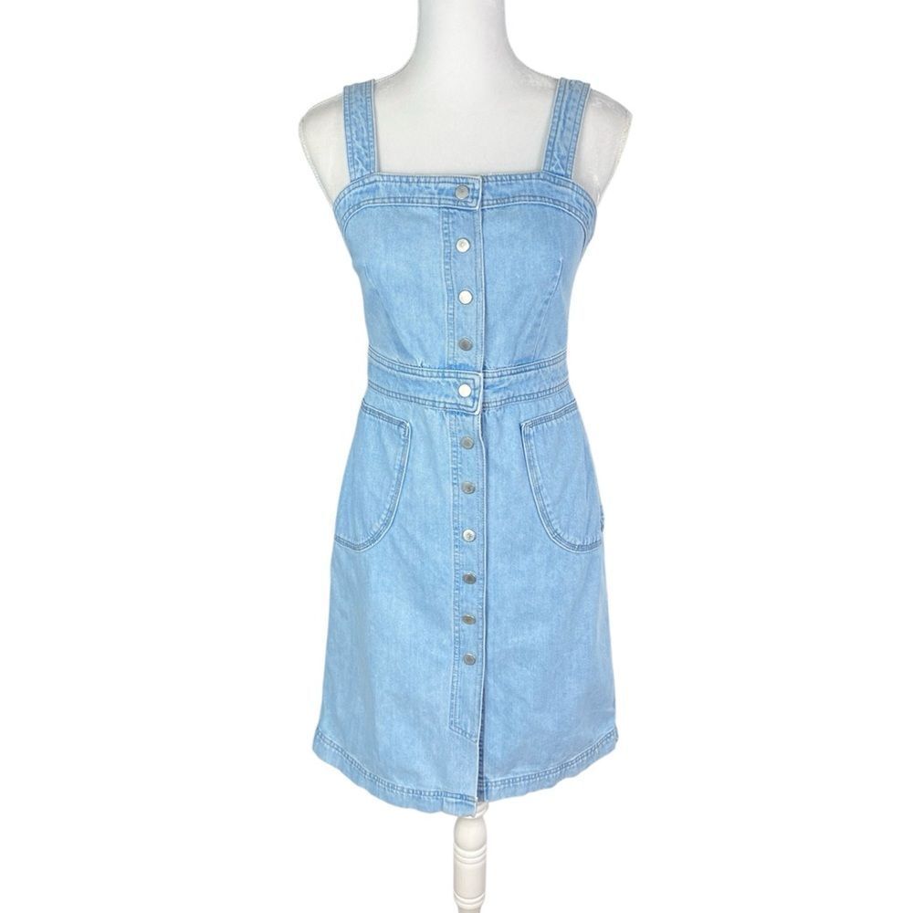 Topshop Moto Denim Jean Snap Front Dress Light Wash Square Neck Size 6